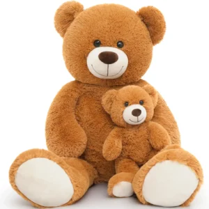 Giant brown plush teddy bear holding a baby teddy bear, soft stuffed toy