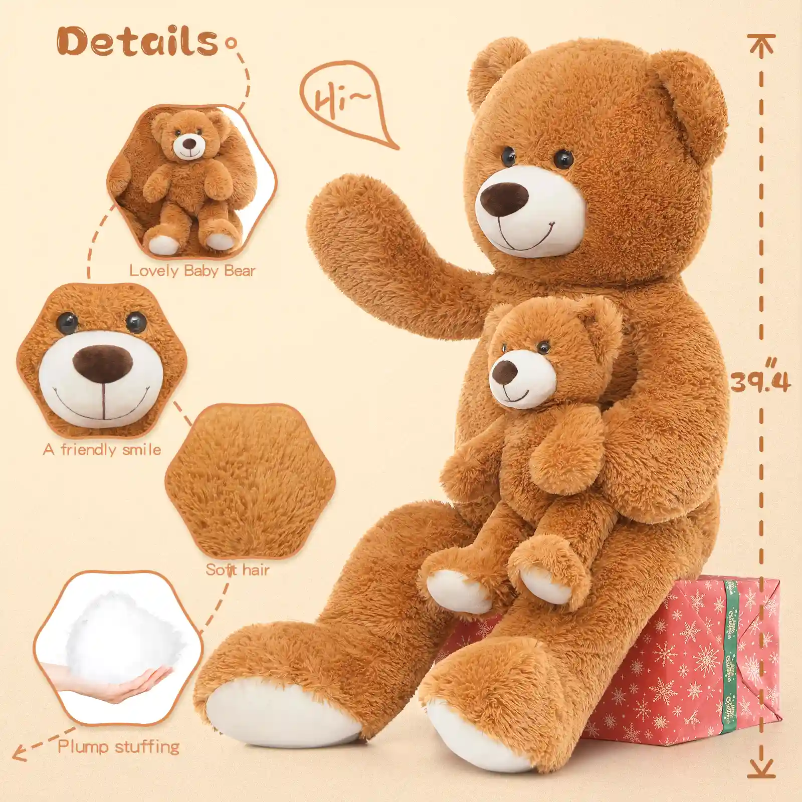 Giant Brown Plush Teddy Bear with Baby – Soft Stuffed Bear Duo
