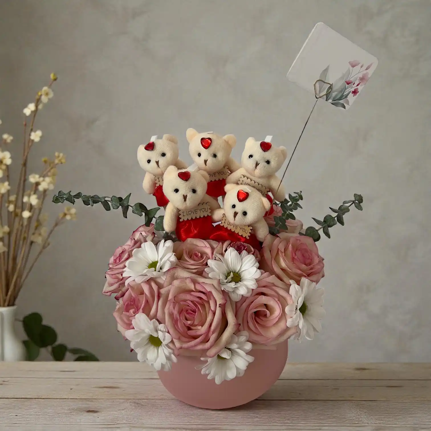 Pink Rose Flower Box with Teddy Bears Love Gift Pink Rose Flower Box with Teddy Bears Love Gift