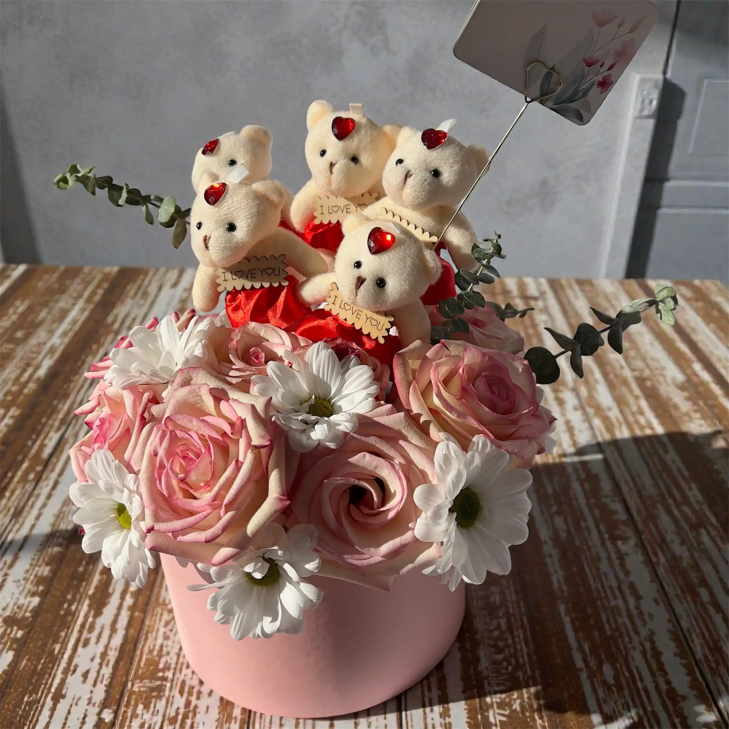 Pink Rose Flower Box with Teddy Bears – Love Gift Arrangement Pink Rose Flower Box with Teddy Bears – Love Gift Arrangement