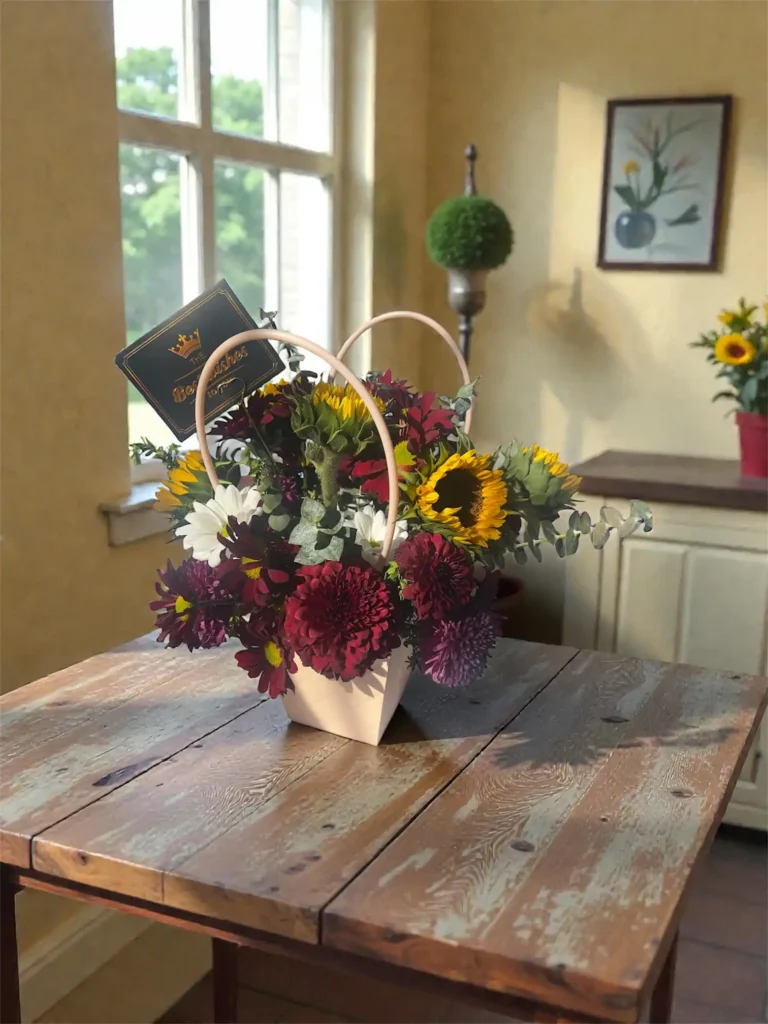Sunflower and mixed floral basket with burgundy blooms, white daisies, eucalyptus greenery, and best wishes card on wooden table