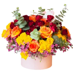 Sunset Harmony rose box with red, yellow, and orange roses in a white hat box