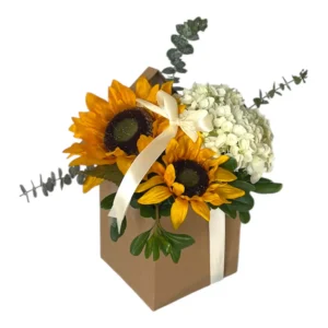 Sunflower and white hydrangea arrangement with eucalyptus in a rustic bloom box