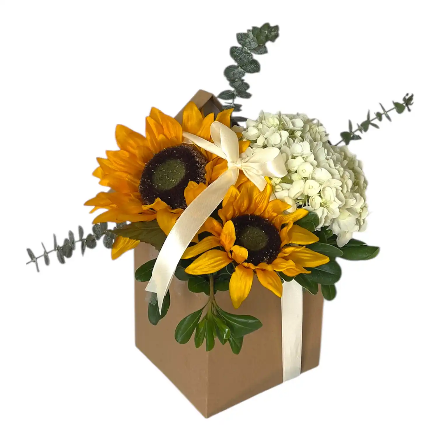 Sunflower and white hydrangea arrangement with eucalyptus in a rustic bloom box