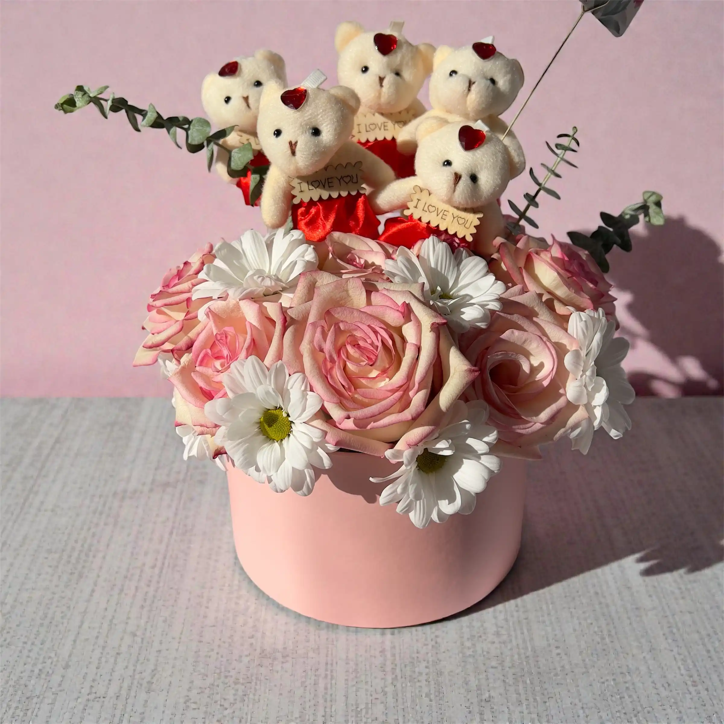 Handmade pink rose box with teddy bears Pink rose flower box with teddy bears holding I love you signs