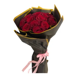 Velvet Romance Roses bouquet with red roses wrapped in black and gold paper