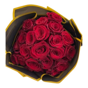 Top view of Velvet Romance Roses red rose bouquet in black and gold wrapping